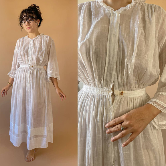 Vintage Dresses & Skirts - Antique White Long Sleeve Cotton Edwardian Lawn Dress 26-27w